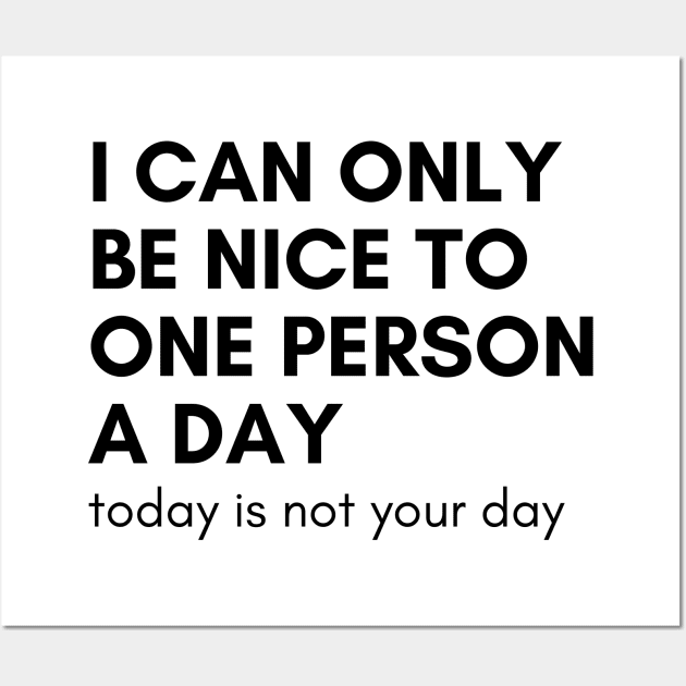 I Can Only Be Nice To One Person A Day. Today Is Not Your Day. Funny Sarcastic NSFW Rude Inappropriate Saying Wall Art by That Cheeky Tee